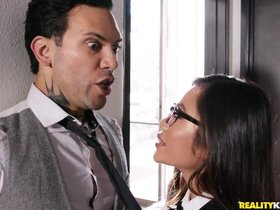 Exotic college TA with glasses fucked hard by tattooed dude